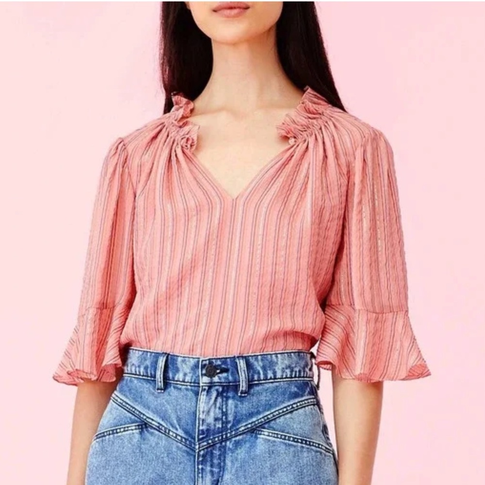 Rebecca Taylor Ruffle-trim Silk Blend Multi Lurex Embroidered Stripe Top